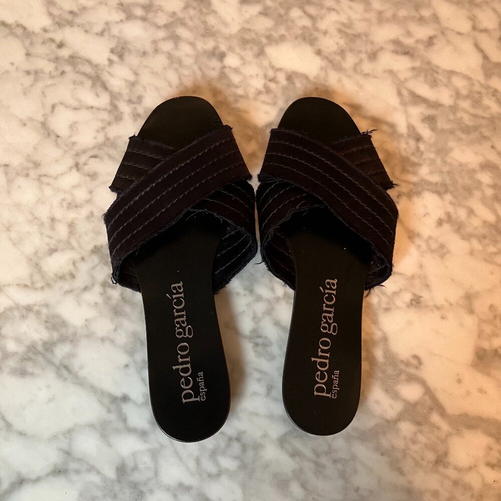 Pedro Garcia Navy Satin Criss Cross Flats/Slides